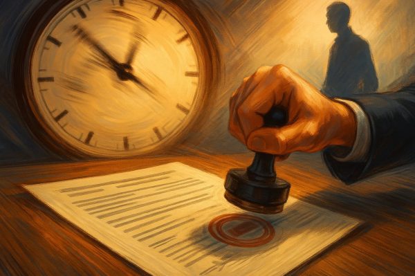 Ilustracja przedstawia dłoń stemplującą dokument, z dużym zegarem i sylwetką mężczyzny w tle. Obraz symbolizuje upływ czasu oraz formalną decyzję lub urzędową procedurę.