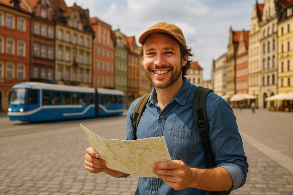 Na zdjęciu w centrum miasta widać mężczyznę, który się uśmiecha. Prawdopodobnie przybył w celach turystycznych.