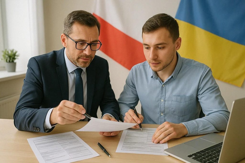 Na zdjęciu widocznych jest dwóch mężczyzn siedzących przy biurku i analizujących dokumenty. W tle znajdują się flagi Polski i Ukrainy, co sugeruje temat związany z legalizacją pobytu, zatrudnieniem lub pomocą dla obywateli Ukrainy w Polsce. Na biurku leżą formularze, długopisy oraz laptop.
