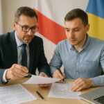 Zdjęcie przedstawia formalne spotkanie w biurowym otoczeniu, gdzie dwóch mężczyzn siedzi przy biurku i wspólnie analizują dokumenty. Jeden z nich ubrany jest w ciemny garnitur i okulary, drugi w jasnoniebieską koszulę - obaj trzymają długopisy, co sugeruje aktywne wypełnianie lub omawianie formularzy. Na biurku znajduje się otwarty laptop, kilka kartek oraz przybory do pisania. W tle widoczne są dwie flagi: polska i ukraińska, co wskazuje na międzynarodowy lub międzyinstytucjonalny kontekst współpracy. Całość oddaje atmosferę profesjonalizmu, skupienia i dialogu.