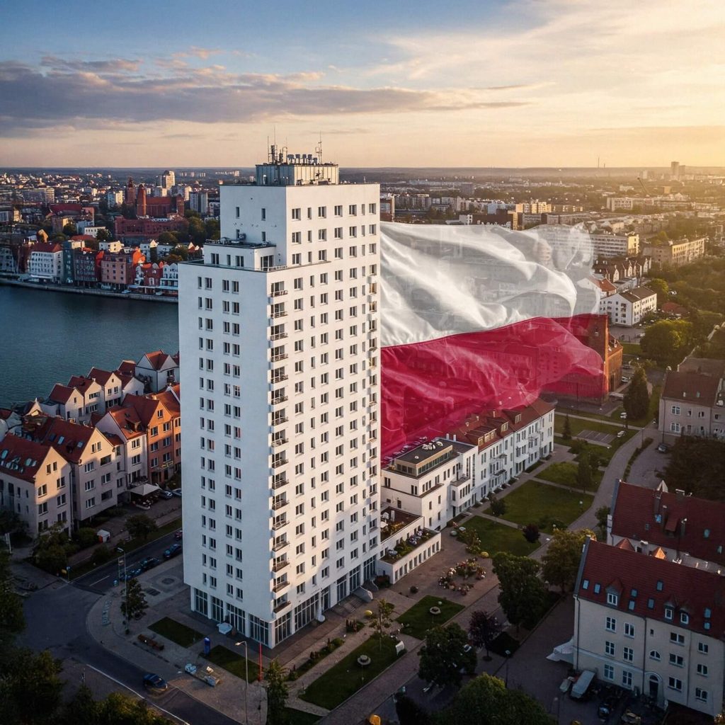 Na zdjęciu widoczny jest nowoczesny wysoki budynek biurowy znajdujący się w miejskiej zabudowie, z panoramą miasta w tle. Ujęcie wykonane jest z lotu ptaka podczas zachodu słońca, co nadaje scenie ciepłe, złote światło. W tle rozciąga się widok na rzekę, historyczne kamienice oraz inne budynki mieszkalne i biurowe. Na obrazie nałożona jest również duża flaga Polski, która symbolicznie unosi się nad miastem.