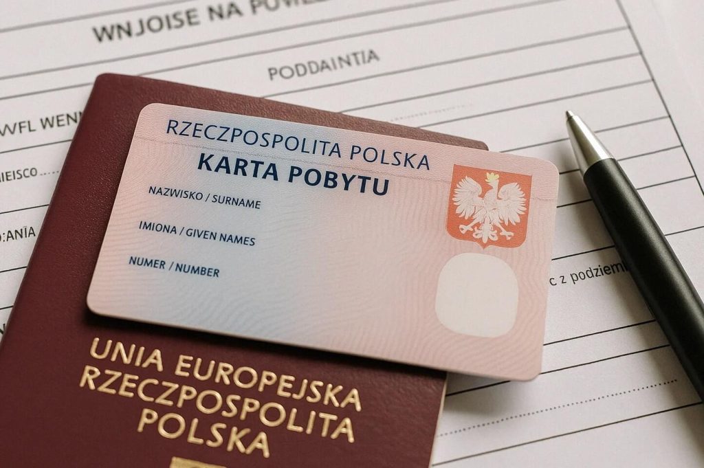 Na zdjęciu widoczna jest karta pobytu Rzeczypospolitej Polskiej położona na paszporcie oraz na formularzu wniosku o pobyt. Obok dokumentów znajduje się również długopis.