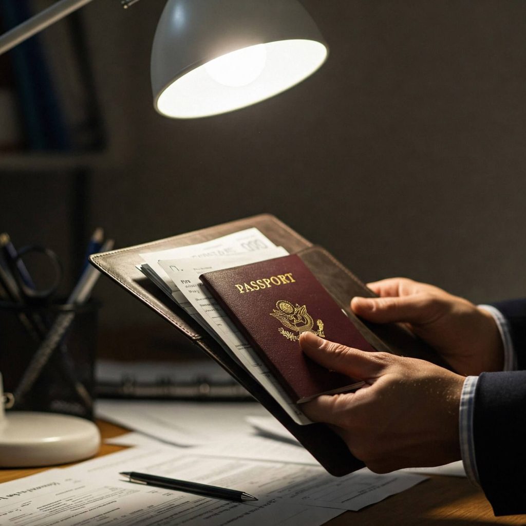 Zdjęcie przedstawia osobę ubraną w ciemny garnitur, siedzącą przy biurku w eleganckim, biurowym otoczeniu. W dłoni trzyma bordowy paszport Stanów Zjednoczonych oraz skórzaną teczkę z dokumentami, wśród których widoczny jest m.in.. bilet lotniczy lub plan podróży. Na biurku znajdują się dodatkowe papiery, notes, przybory do pisania i lampka, co tworzy atmosferę skupienia i przygotowań.