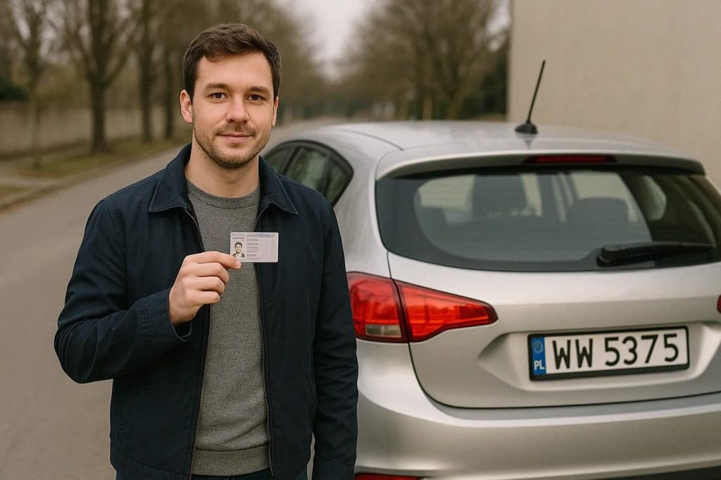 Na zdjęciu widoczny jest mężczyzna stojący obok samochodu i trzymający w dłoni prawo jazdy, prezentując dokument do zdjęcia. W tle znajduje się zaparkowany pojazd z polską tablicą rejestracyjną, co sugeruje tematykę związaną z legalnym prowadzeniem pojazdu, uzyskaniem uprawnień kierowcy lub formalnościami dotyczącymi dokumentów drogowych.