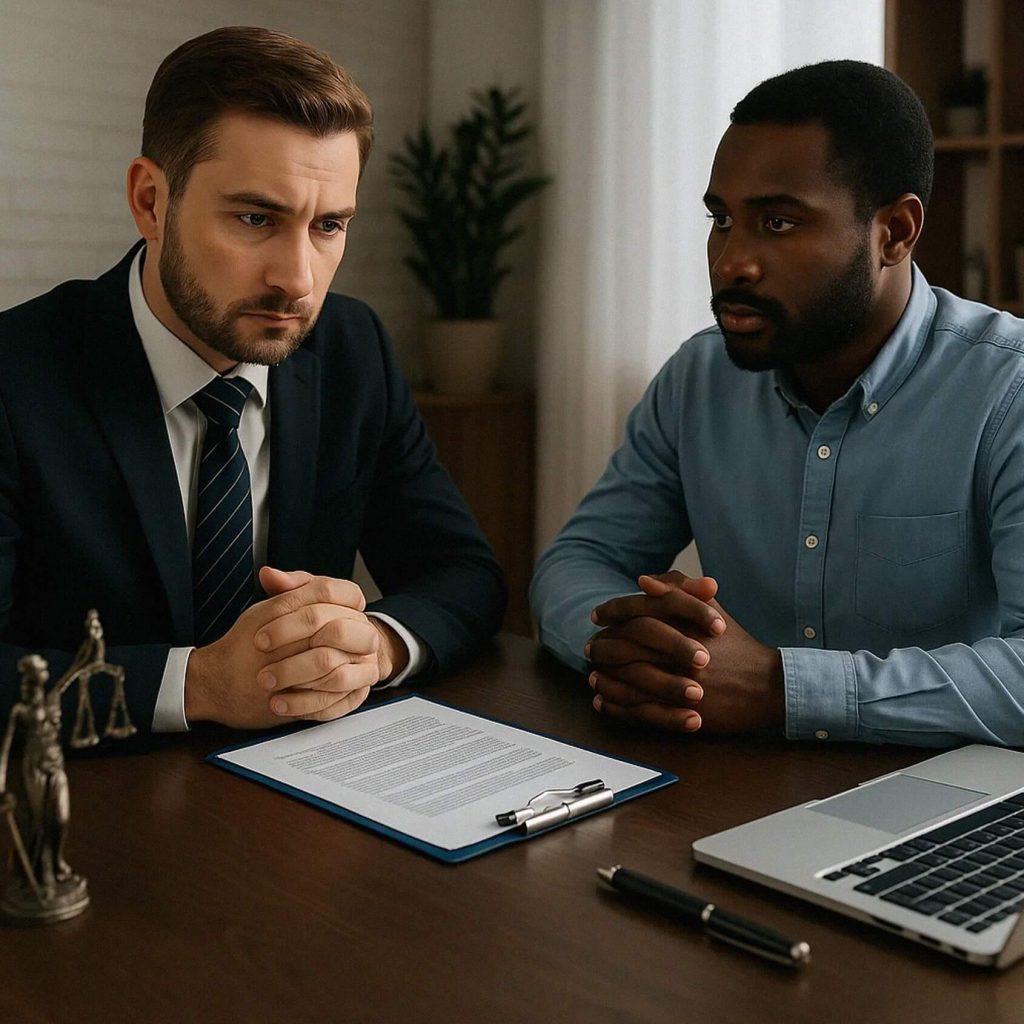 Na zdjęciu przedstawiono spotkanie konsultacyjne w kancelarii. Przy biurku siedzi dwóch mężczyzn prowadzących poważną rozmowę – jeden z nich ubrany jest w elegancki garnitur i krawat, co sugeruje, że pełni rolę prawnika lub doradcy, drugi natomiast ma na sobie jasnoniebieską koszulę i wygląda na klienta. Na stole znajdują się dokumenty, laptop, długopis oraz symboliczna figurka Temidy, kojarzona ze sprawiedliwością i prawem.