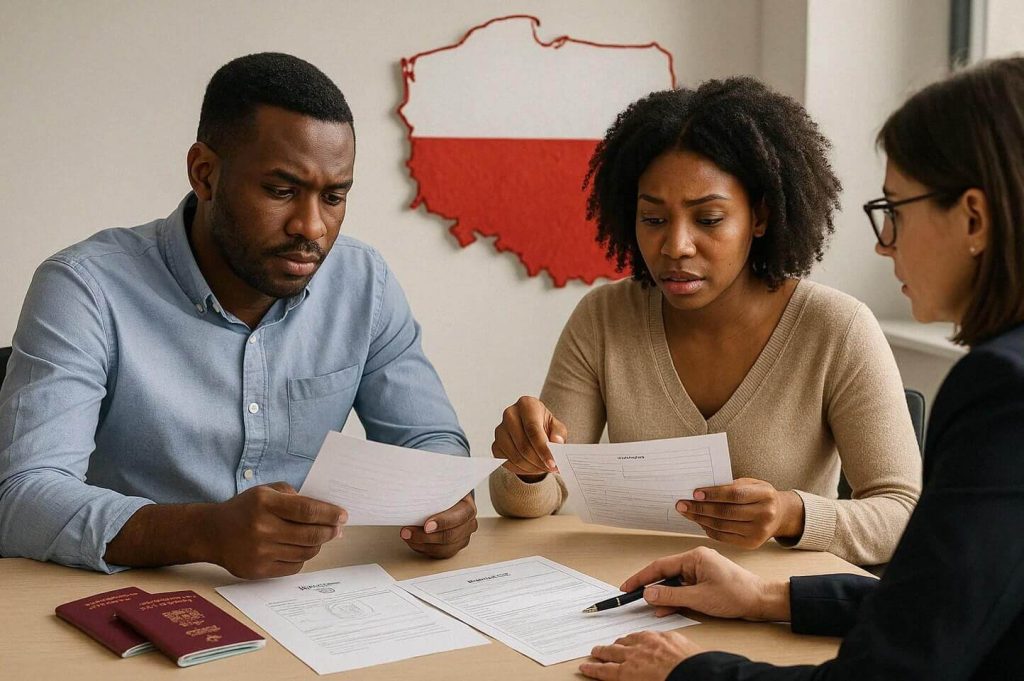 Na zdjęciu przedstawiono profesjonalne spotkanie konsultacyjne związane z tematyką delegowania pracownika za granicę oraz formalnościami prawnymi dotyczącymi zatrudnienia międzynarodowego. Uczestnicy analizują dokumenty i omawiają kwestie administracyjne przy wsparciu doradcy, co może symbolizować przygotowanie do procesu delegowania pracownika, legalizacji zatrudnienia lub organizacji pracy poza granicami kraju.