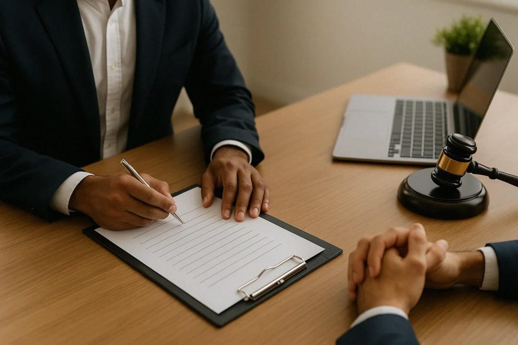 Na zdjęciu widoczne jest profesjonalne spotkanie związane z konsultacją prawną lub podpisywaniem dokumentów. Jedna osoba w eleganckim stroju zapisuje informacje na formularzu umieszczonym na clipboardzie, podczas gdy druga siedzi naprzeciwko z dłońmi złożonymi na biurku. Na stole znajduje się również laptop oraz młotek sędziowski, symbolizujący wymiar sprawiedliwości i kwestie prawne. Całość przedstawia formalną atmosferę spotkania w kancelarii prawnej.
