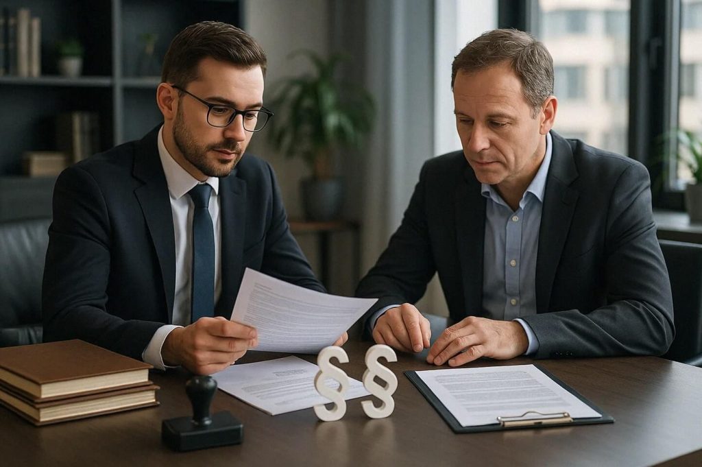 Na zdjęciu widzimy dwóch mężczyzn w eleganckich garniturach, siedzących przy biurku w biurowym wnętrzu. Wspólnie przeglądają dokumenty, co sugeruje profesjonalne spotkanie — prawdopodobnie o charakterze prawnym lub biznesowym. Na biurku znajdują się książki, pieczątka, teczka z dokumentem oraz dwa symbole paragrafu (§), które podkreślają kontekst prawny. W tle widać regał z książkami i doniczkę.