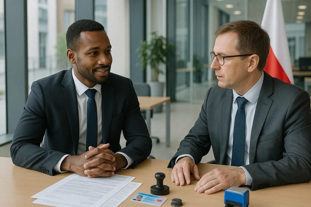 Na zdjęciu widzimy dwóch mężczyzn w garniturach, siedzących przy stole w nowoczesnym biurze. Jeden z nich mówi, trzymając dłonie splecione, a drugi słucha uważnie. Na stole leżą dokumenty, niebieska karta identyfikacyjna, dwie pieczątki i poduszka do tuszu. W tle widoczna jest flaga Polski, duże okna i roślina doniczkowa. 