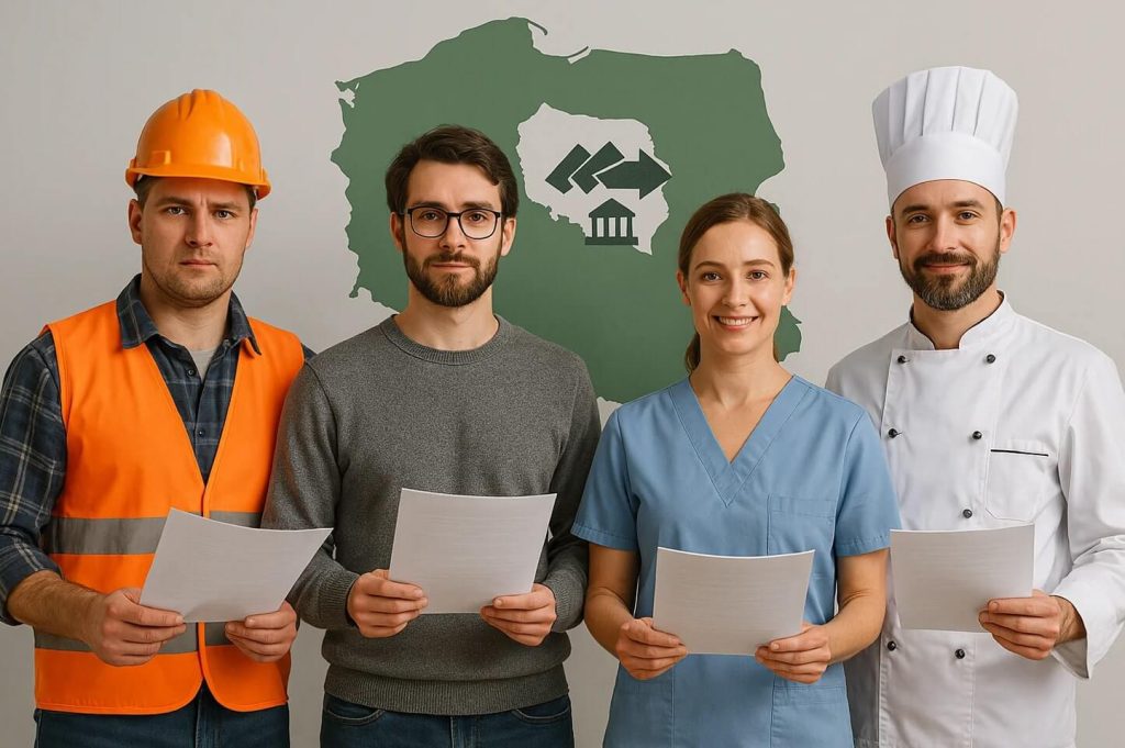 Na zdjęciu widzimy cztery osoby reprezentujące różne zawody, stojące na tle zielonej mapy Polski. Ubrane są zgodnie ze swoją profesją: budowlaniec w pomarańczowej kamizelce i kasku, mężczyzna w codziennym stroju, pracownik medyczny w niebieskim uniformie oraz kucharz w białym kitlu i czapce. Każda z postaci trzyma kartkę papieru, co może symbolizować dokumenty związane z zatrudnieniem lub kwalifikacjami. 