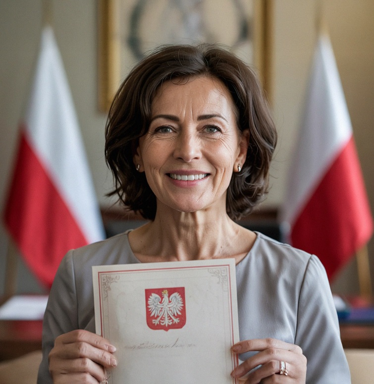 Na obrazku widać uśmiechniętą kobietę stojącą na tle polskich flag. W rękach trzyma dokument z godłem Polski umieszczonym na okładce. Ma krótkie, ciemne włosy i jasną bluzkę.