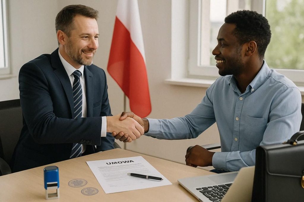 Na zdjęciu widocznych jest dwóch mężczyzn siedzących przy biurku i podających sobie ręce na znak zawarcia współpracy lub podpisania umowy. Na stole leży dokument z napisem „UMOWA”, obok znajduje się laptop oraz pieczątki, a w tle widoczna jest flaga Polski. Fotografia nawiązuje do legalnego zatrudnienia cudzoziemców. 