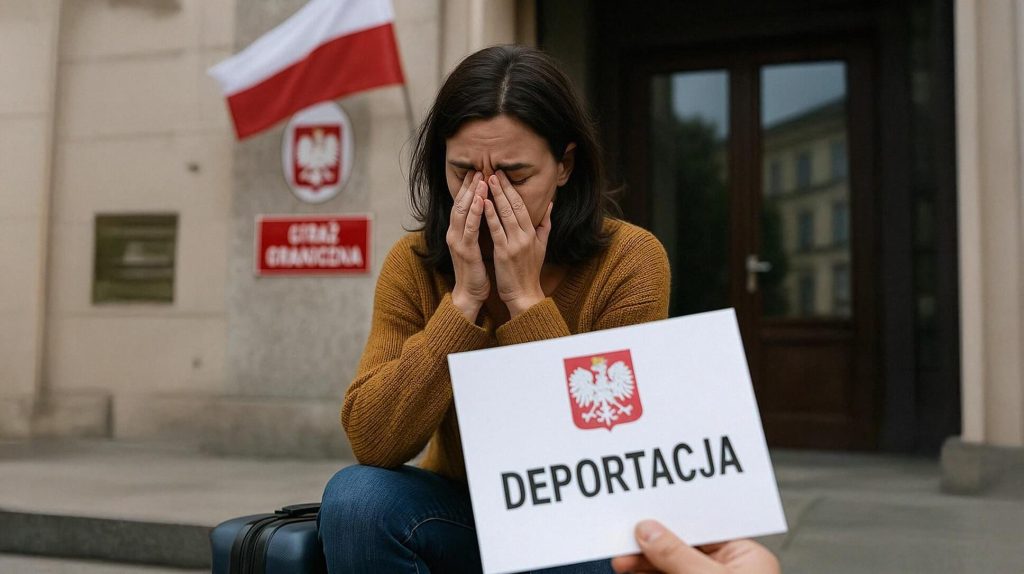 Na zdjęciu widoczna jest kobieta siedząca przed budynkiem urzędu państwowego, która zakrywa twarz dłońmi, wyrażając stres i bezradność. W pierwszym planie znajduje się dokument z napisem „DEPORTACJA”, a w tle widoczna jest polska flaga oraz oznaczenie Straży Granicznej. Fotografia symbolizuje trudną sytuację cudzoziemca zagrożonego deportacją oraz problemy związane z legalizacją pobytu w Polsce.