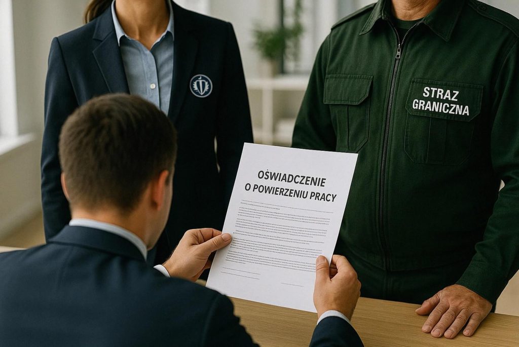 Na zdjęciu przedstawiono sytuację związaną z kontrolą legalności zatrudnienia cudzoziemca. Osoba siedząca przy biurku analizuje dokument zatytułowany „Oświadczenie o powierzeniu pracy”, podczas gdy obok stoi funkcjonariusz Straży Granicznej oraz przedstawiciel instytucji kontrolnej.