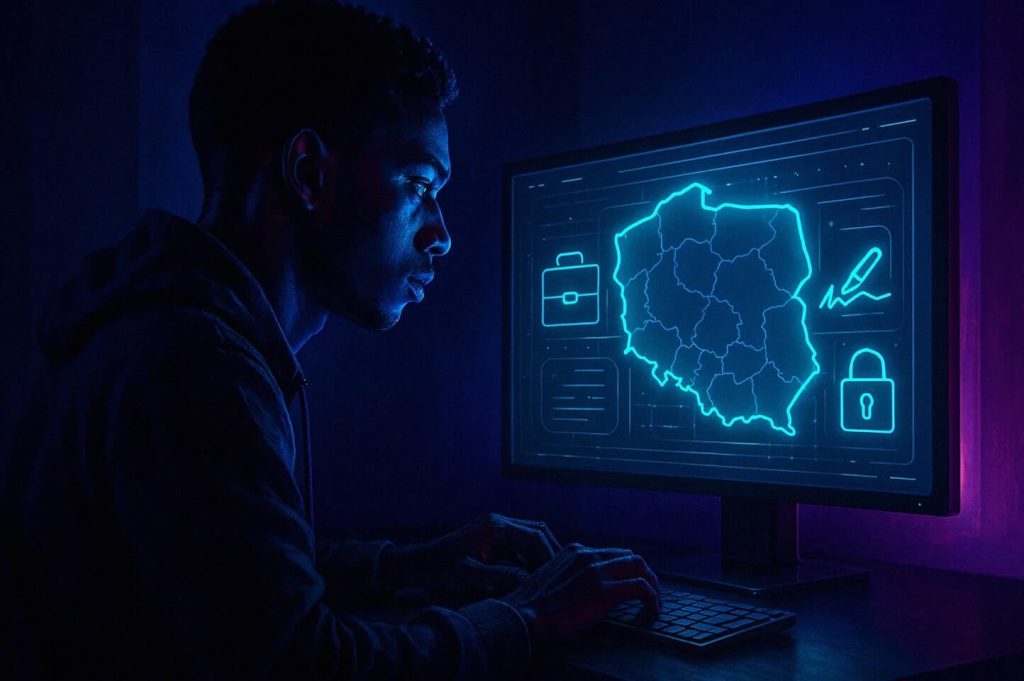 Grafika przedstawia zdalną rejestrację spółki w Polsce z wykorzystaniem narzędzi elektronicznych. Widoczne elementy symbolizują podpis elektroniczny, bezpieczeństwo dokumentów oraz cyfrowe procedury dostępne dla cudzoziemców zakładających firmę w Polsce.