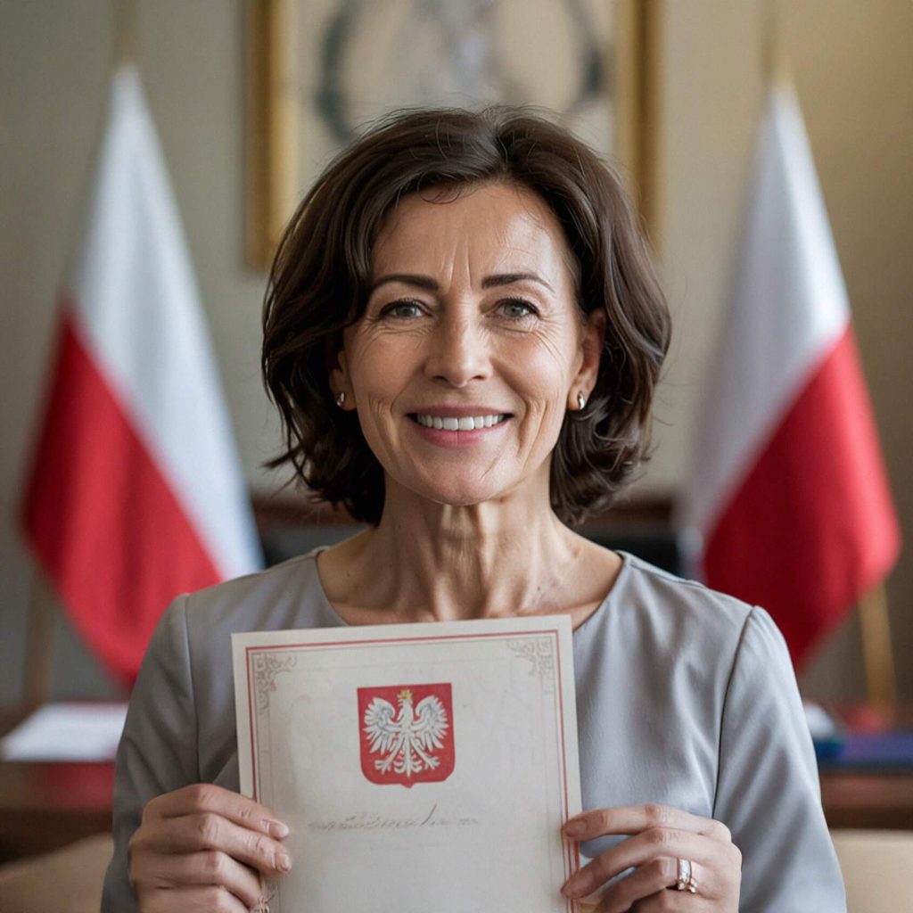 Na zdjęciu widoczna jest uśmiechnięta kobieta trzymająca dokument z godłem Rzeczypospolitej Polskiej. W tle znajdują się polskie flagi, co jednoznacznie nawiązuje do procedury uzyskania obywatelstwa polskiego.