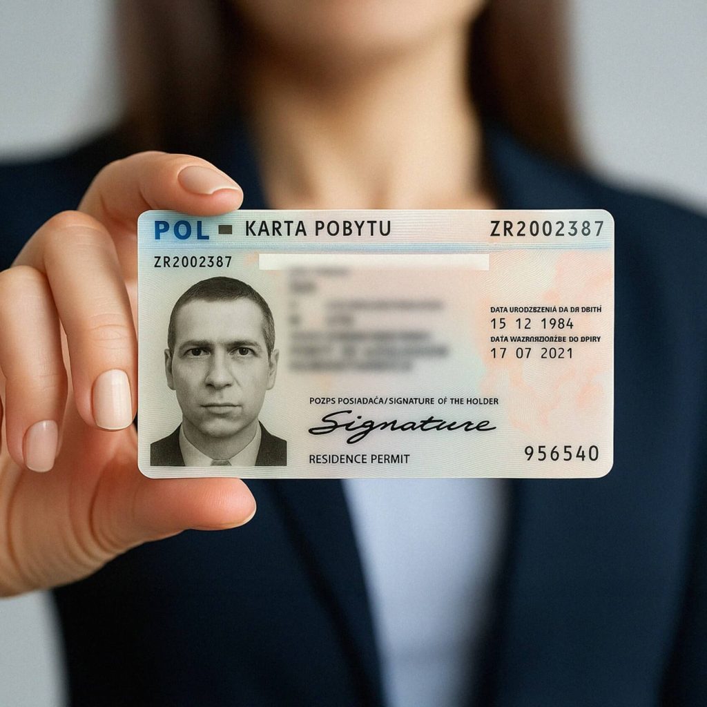 Na zdjęciu widoczna jest osoba trzymająca w dłoni polską kartę pobytu. Dokument zawiera fotografię, dane identyfikacyjne oraz oznaczenie „KARTA POBYTU”, co wskazuje na legalizację pobytu cudzoziemca w Polsce. Fotografia nawiązuje do tematów związanych z pobytem czasowym, procedurami imigracyjnymi oraz legalnym pobytem i pracą cudzoziemców.