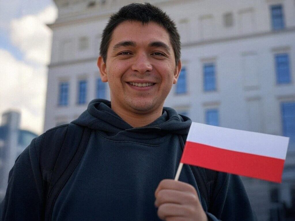 Na obrazku widać uśmiechniętego młodego mężczyznę stojącego na zewnątrz przed jasnym budynkiem. Ubrany jest w ciemną bluzę z kapturem i plecak. W ręce trzyma małą polską flagę w biało-czerwonych barwach. Wygląda na zadowolonego i dumnego.