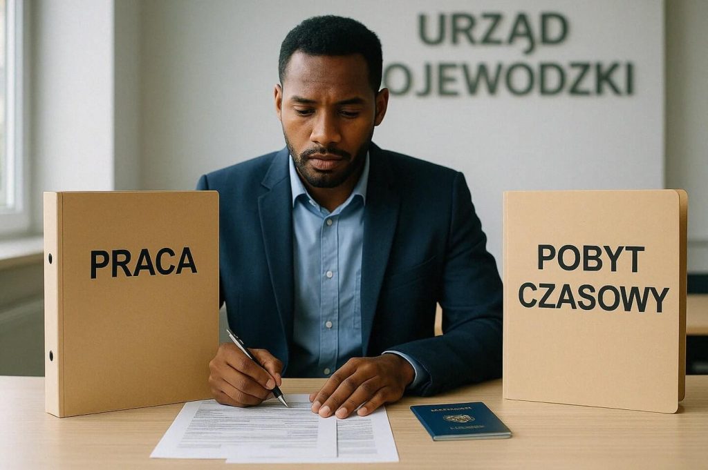 Na zdjęciu przedstawiono cudzoziemca składającego dokumenty w urzędzie wojewódzkim. Na biurku znajdują się segregatory oznaczone „Praca” i „Pobyt czasowy”, a także paszport, co symbolizuje procedury związane z legalizacją pobytu i zatrudnienia w Polsce.