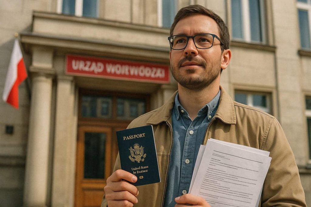 Na zdjęciu widać mężczyznę stojącego przed budynkiem urzędu wojewódzkiego w Polsce. Za nim znajduje się wejście do budynku z czerwonym napisem „Urząd Wojewódzki” oraz polska flaga. Mężczyzna trzyma w jednej ręce paszport, a w drugiej pliki dokumentów, które wyglądają na formularze lub wniosek urzędowy. Ubrany jest w niebieską koszulę i jasną kurtkę i nosi okulary.