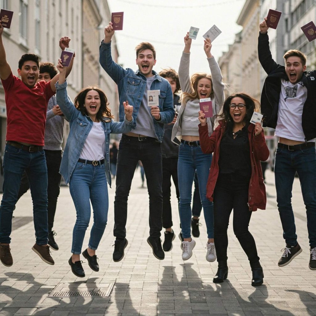 Na środku miejskiej ulicy, w otwartej przestrzeni między budynkami, grupa ośmiu młodych osób wyskakuje w powietrze z radości. Każdy z nich trzyma paszport — większość w bordowym kolorze, jeden w białym — uniesione wysoko, jak trofea. Ubrani są swobodnie: jeansy, kurtki, sneakersy, codzienny styl, który podkreśla naturalność i autentyczność chwili. Ich twarze wyrażają czystą euforię, a synchronizacja skoku nadaje scenie rytm i energię.