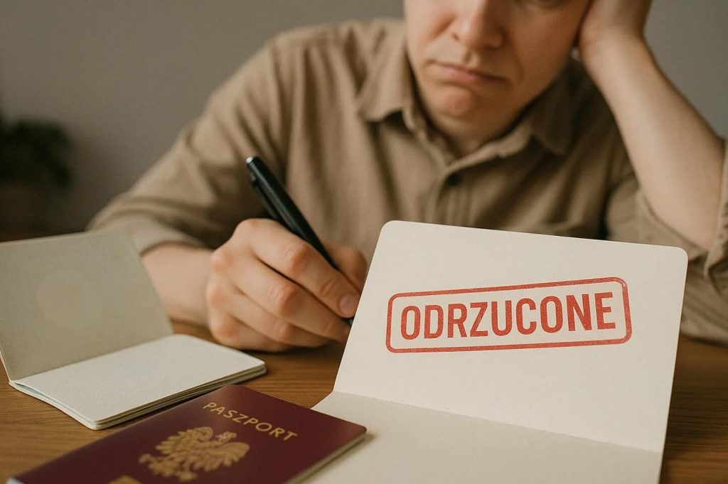 Na obrazie widzimy scenę związaną z biurokratycznym procesem. Osoba siedzi przy biurku, trzymając długopis, obok niej leży polski paszport z wyraźnym napisem „PASZPORT”. Na pierwszym planie znajduje się dokument, na którym widnieje czerwony stempel z napisem „ODRZUCONE” — jednoznaczny komunikat o odrzuceniu wniosku.