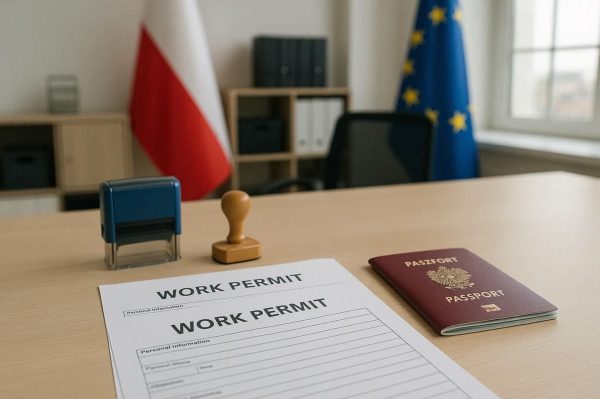 Na zdjęciu widać biurko w urzędzie z dokumentem „Work Permit”, czyli pozwoleniem na pracę, pieczątką i paszportem. W tle znajdują się flagi Polski i Unii Europejskiej.