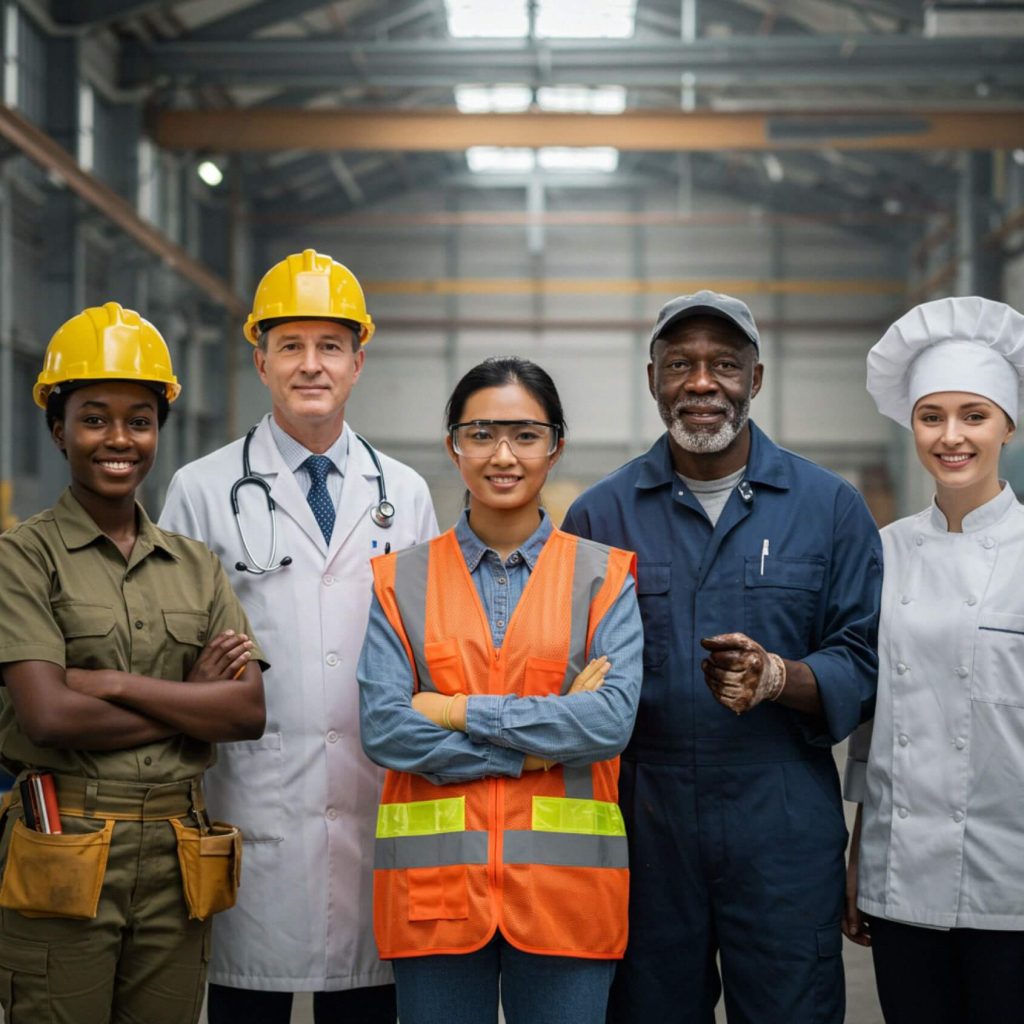 Na zdjęciu znajduje się pięć osób stojących obok siebie w przemysłowym lub magazynowym otoczeniu. Każda z nich reprezentuje inny zawód: budowlaniec w żółtym kasku i pasie narzędziowym, lekarz w białym kitlu ze stetoskopem i żółtym kasku, inspektor lub inżynier w pomarańczowej kamizelce i okularach ochronnych, mechanik w niebieskim kombinezonie z czapką oraz kucharz w klasycznym białym stroju i czapce. Ich różnorodne stroje i miejsce pracy podkreślają znaczenie różnych zawodów w strukturze społecznej i gospodarce.