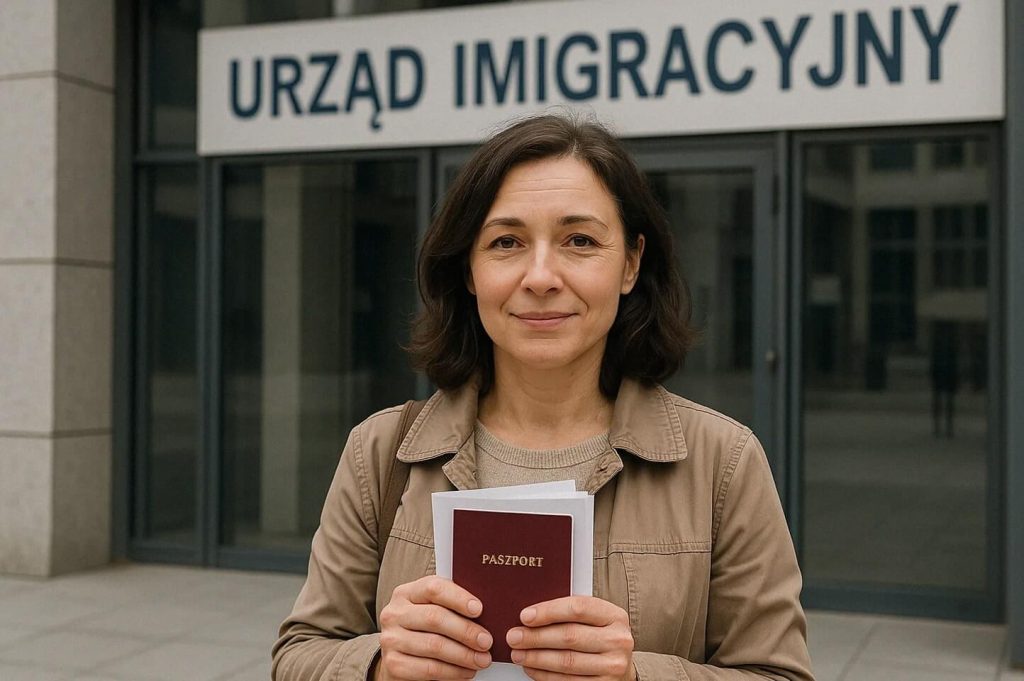 Na zdjęciu widzimy uśmiechniętą kobietę stojącą przed budynkiem oznaczonym szyldem „URZĄD IMIGRACYJNY”. W dłoni trzyma bordowy paszport z napisem „PASZPORT” oraz kilka dokumentów, co sugeruje, że jest w trakcie załatwiania spraw związanych z imigracją. Tło stanowi oficjalna fasada urzędu, co podkreśla formalny charakter sytuacji. 
