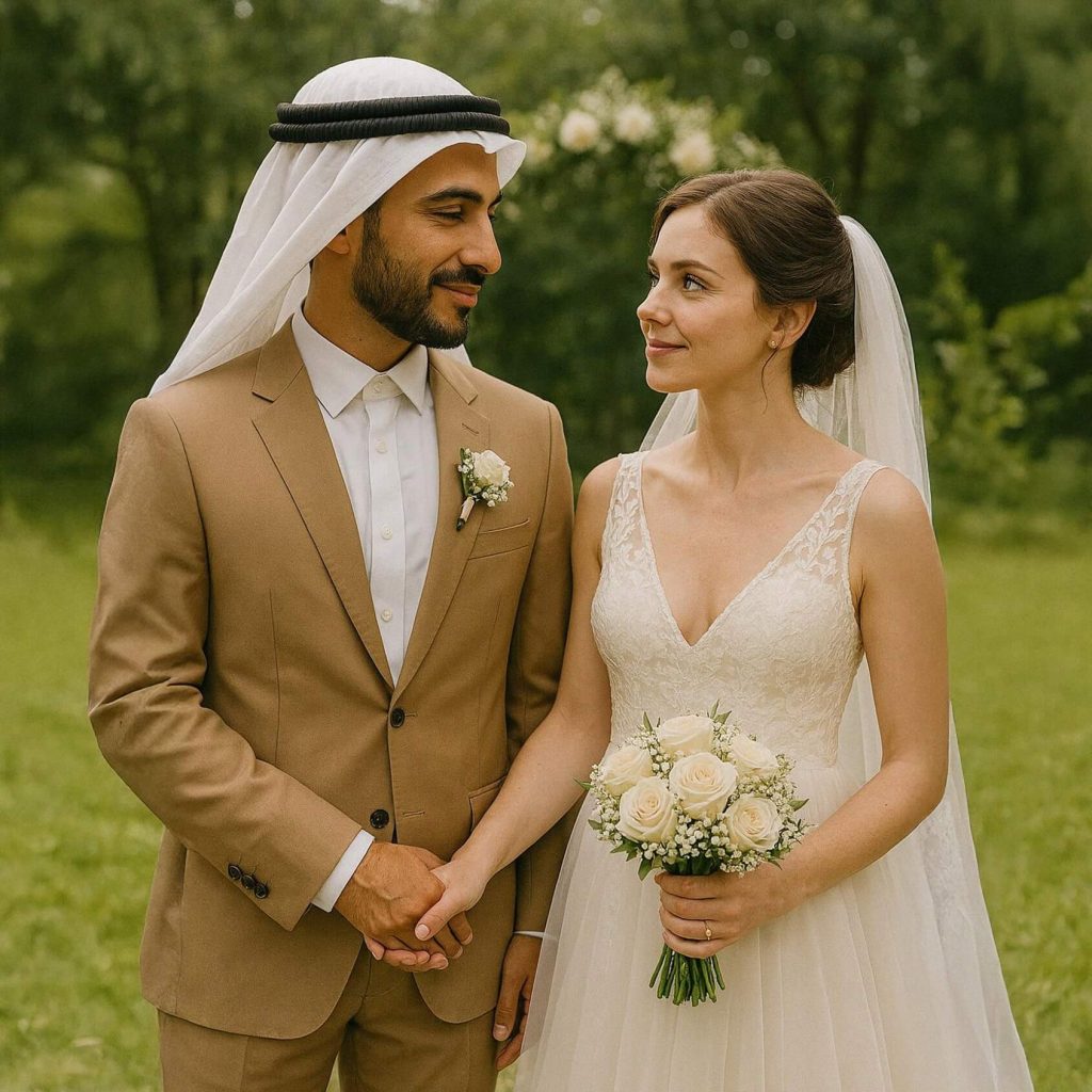 Na zdjęciu widać parę młodą stojącą razem na świeżym powietrzu, na tle zielonego, naturalnego krajobrazu. Kobieta ma na sobie elegancką, jasną suknię ślubną z koronkową górą i głębokim dekoltem w kształcie litery V. Jej włosy są upięte, a długi welon opada na plecy. W rękach trzyma bukiet z jasnych róż i drobnych białych kwiatów. Spogląda z uśmiechem na swojego partnera. Mężczyzna ubrany jest w jasnobrązowy garnitur z białą koszulą. Na głowie ma tradycyjne arabskie nakrycie: białą chustę oraz czarny agal, który ją podtrzymuje. W klapie garnituru ma przypiętą jasną butonierkę. Patrzy z ciepłym uśmiechem na swoją żonę.