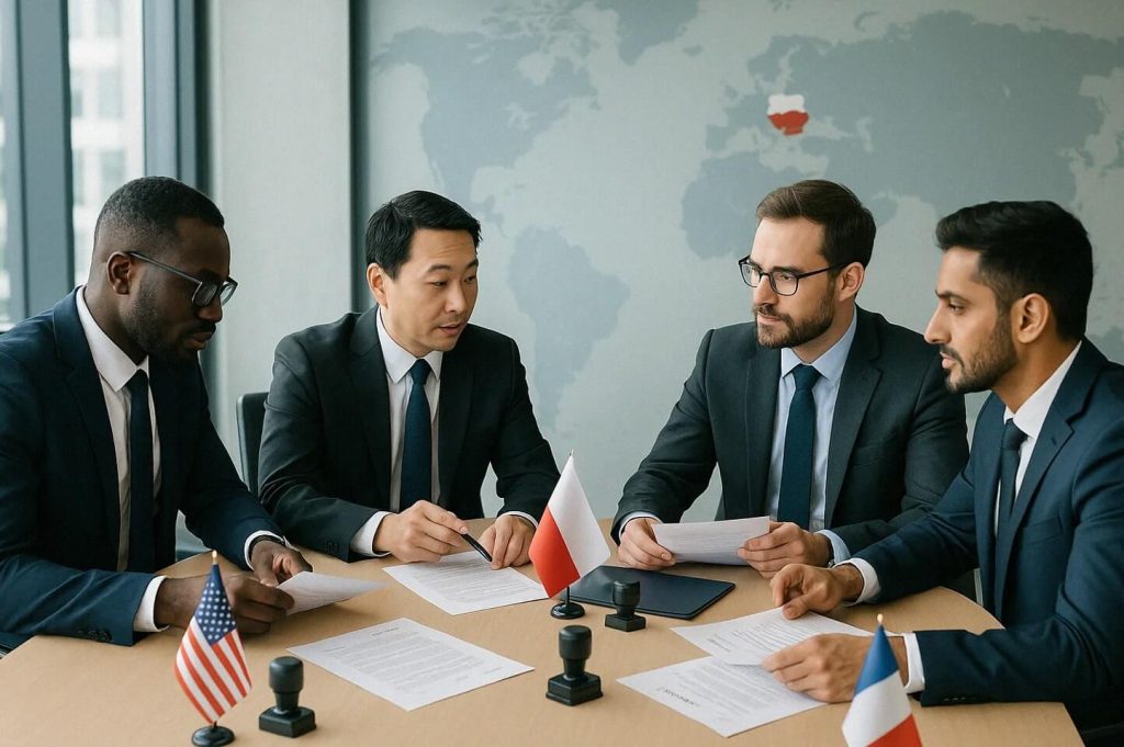 Na zdjęciu widzimy czterech mężczyzn w garniturach, siedzących przy stole konferencyjnym podczas formalnego spotkania. Przed każdym z nich leżą dokumenty, a na środku stołu umieszczono małe flagi narodowe: Stanów Zjednoczonych, Polski i Francji, co sugeruje międzynarodowy charakter rozmów. Obecność pieczątek wskazuje, że mogą być podpisywane lub zatwierdzane oficjalne dokumenty. W tle widoczna jest mapa świata z wyróżnioną Polską, co podkreśla kontekst dyplomatyczny lub biznesowy związany z Polską. 