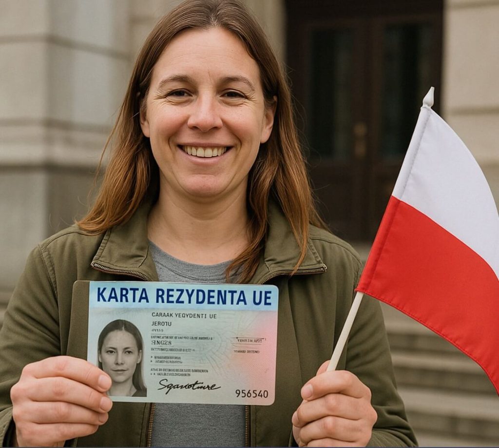 Na zdjęciu widzimy uśmiechniętą kobietę stojącą na zewnątrz, przed budynkiem o klasycznej architekturze. Ubrana w zieloną kurtkę i szary T-shirt trzyma w dłoniach dwa przedmioty: biało-czerwoną flagę Polski oraz dokument oznaczony jako „KARTA REZYDENTA UE”.