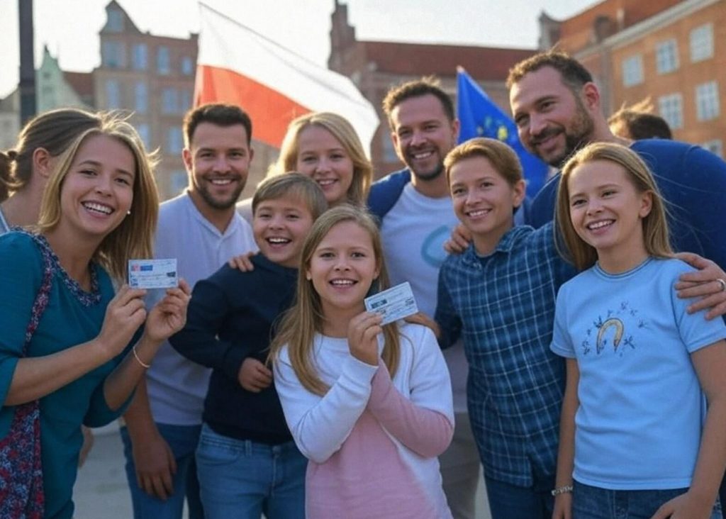 Na tle miejskiej zabudowy o klasycznej, europejskiej architekturze stoi grupa uśmiechniętych osób — młodych dorosłych, zróżnicowanych pod względem wyglądu, ubranych swobodnie, naturalnie. Trzymają w dłoniach dokumenty tożsamości lub zaświadczenia, które z dumą prezentują przed kamerą. W tle powiewają dwie flagi: biało-czerwona — narodowa flaga Polski — oraz niebieska z żółtymi gwiazdami — flaga Unii Europejskiej.