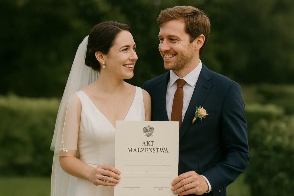 Na zdjęciu widać uśmiechniętą parę młodą stojącą obok siebie na świeżym powietrzu, na tle zieleni. Kobieta ma na sobie białą suknię ślubną oraz welon i patrzy na męża. W dłoniach trzyma duży dokument zatytułowany „Akt Małżeństwa”. Mężczyzna stoi po jej prawej stronie, ubrany w elegancki ciemny garnitur z białą koszulą i brązowym krawatem. Na klapie marynarki ma przypiętą butonierkę. Patrzy na swoją żonę również trzymając ,,Akt Małżeństwa''. 