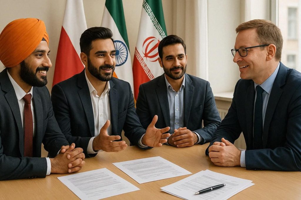 Na zdjęciu widzimy czterech uśmiechniętych mężczyzn w eleganckich garniturach, siedzących przy stole konferencyjnym i zaangażowanych w formalną rozmowę. Na stole leżą dokumenty i długopis - elementy typowe dla negocjacji, podpisywania umów lub oficjalnych ustaleń. Tło sceny tworzą trzy flagi narodowe: Polski, Indii, Iranu. 