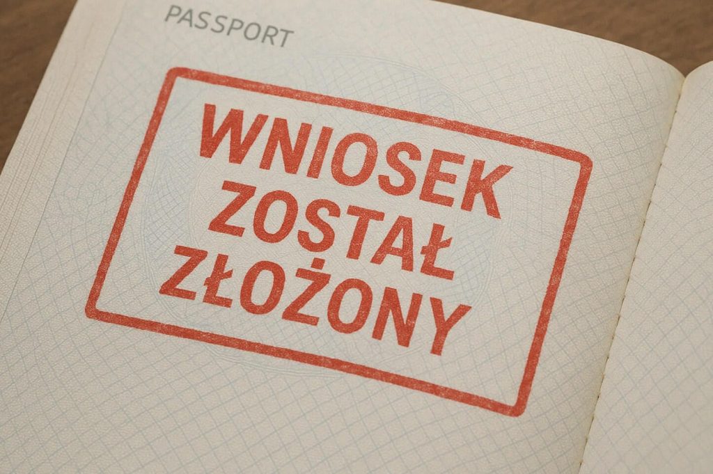 Na zdjęciu widać otwarty paszport, na którego stronie znajduje się duża czerwona pieczęć z napisem „WNIOSEK ZOSTAŁ ZŁOŻONY”. Pieczęć ma formę prostokątnego stempla z grubą czerwoną ramką, a napis jest zapisany wielkimi literami. Strona paszportu ma charakterystyczne, delikatne wzory zabezpieczające typowe dla dokumentów urzędowych.